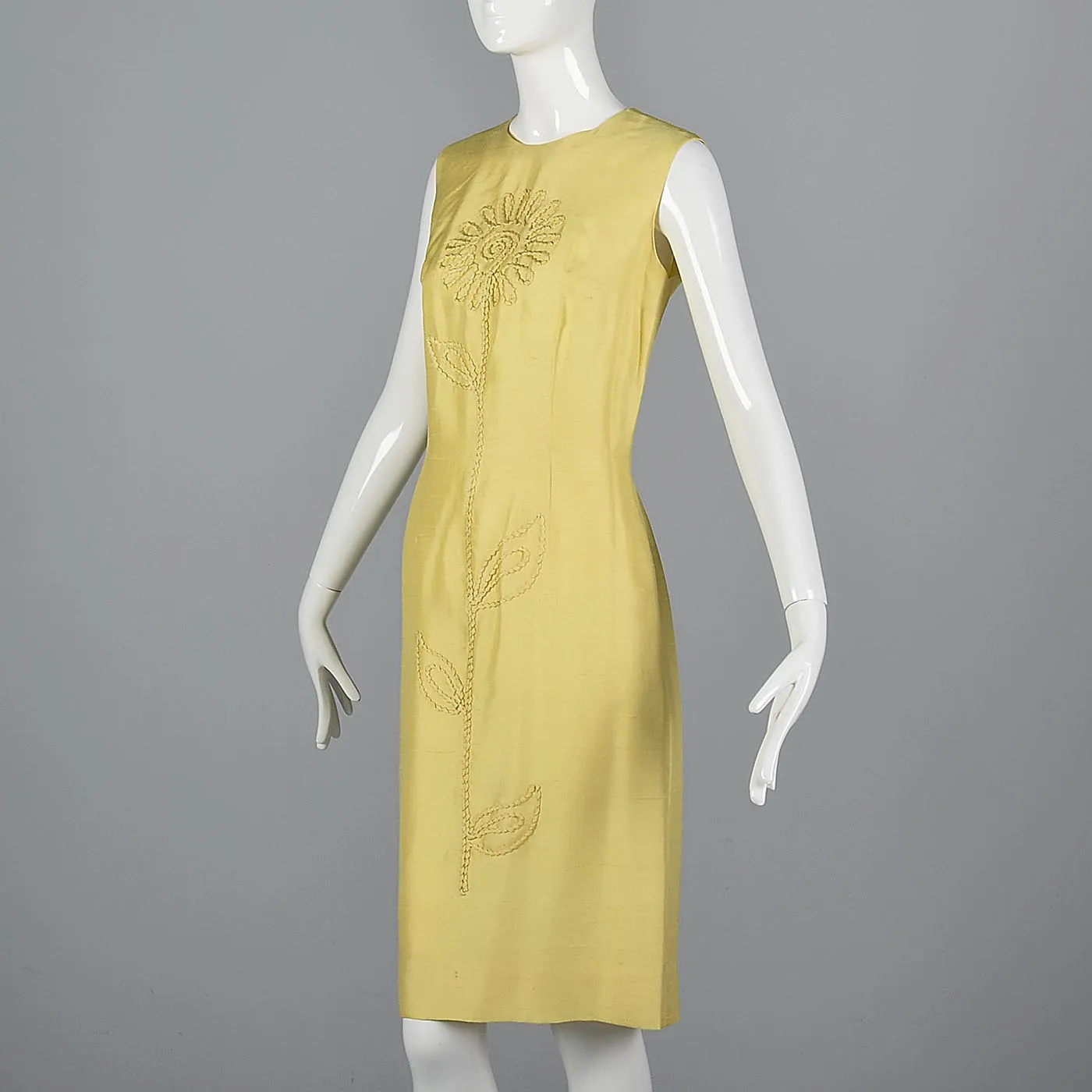 1960s Yellow Silk Shift Dress with Flower Applique