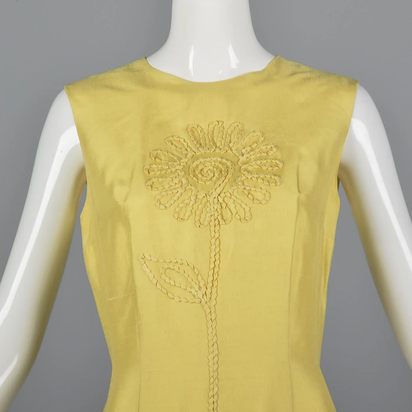 1960s Yellow Silk Shift Dress with Flower Applique