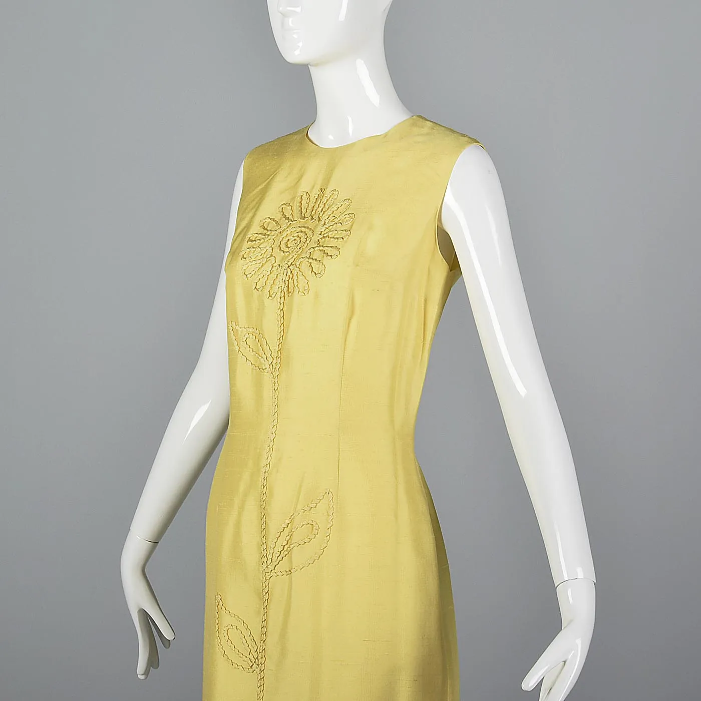 1960s Yellow Silk Shift Dress with Flower Applique