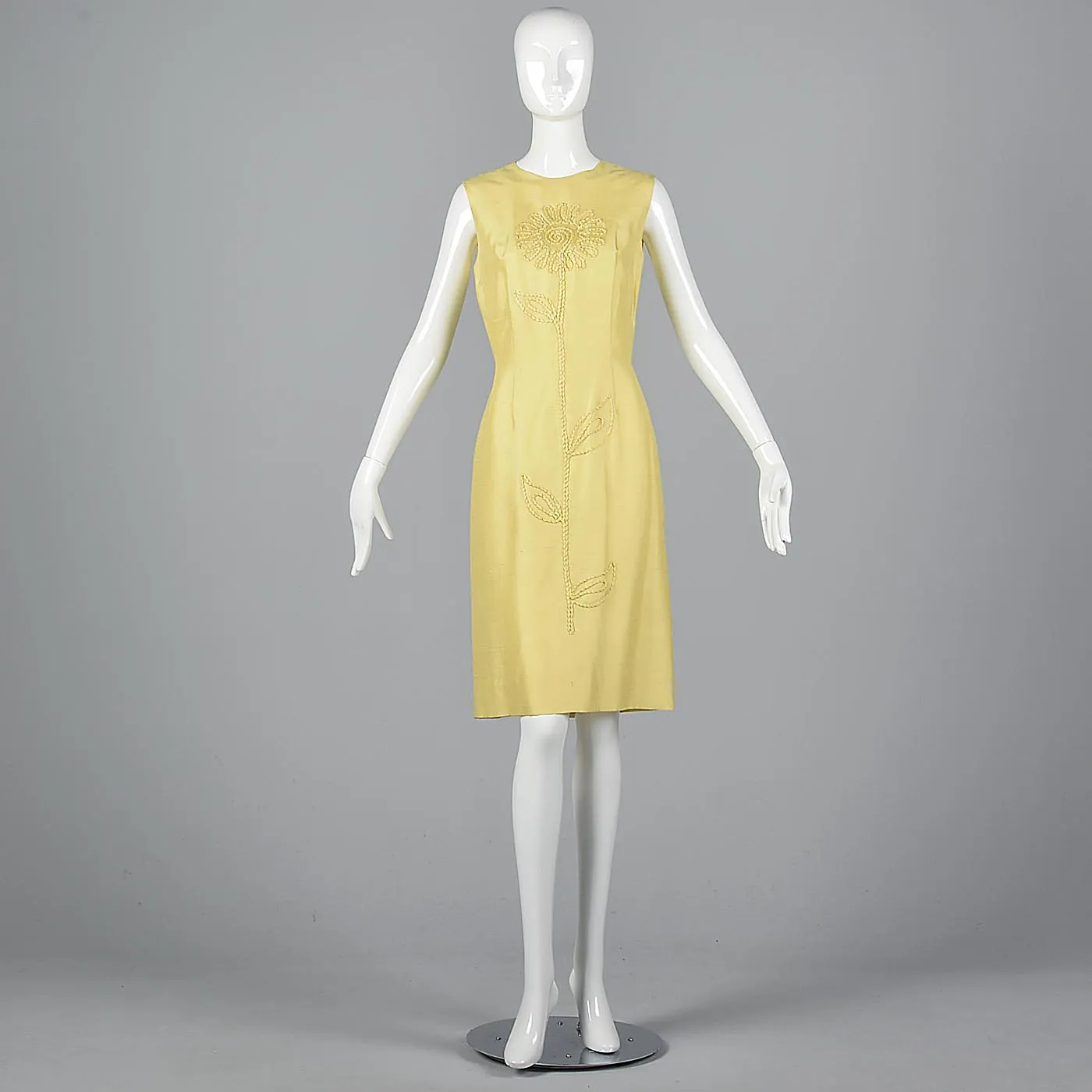 1960s Yellow Silk Shift Dress with Flower Applique