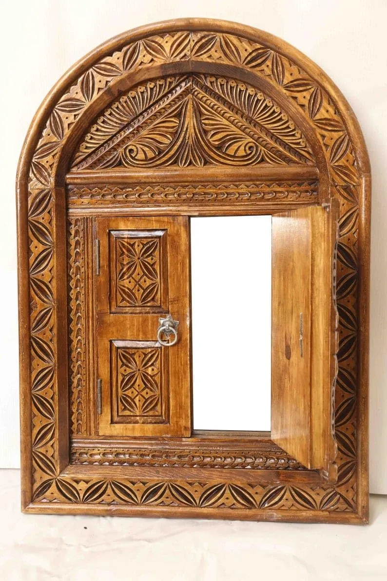 AAFIYAT Wooden Temple Door, Handcrafted Decorative Entrance Mirror Frame Living & Bed Room Decor