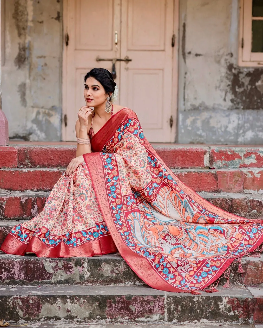 Beige and Coral Tussar Silk Saree with Intricate Floral Prints and Artistic Pallu