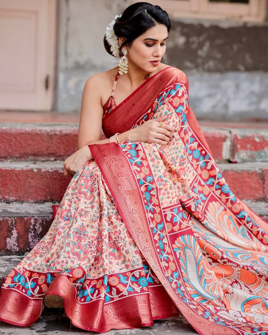 Beige and Coral Tussar Silk Saree with Intricate Floral Prints and Artistic Pallu