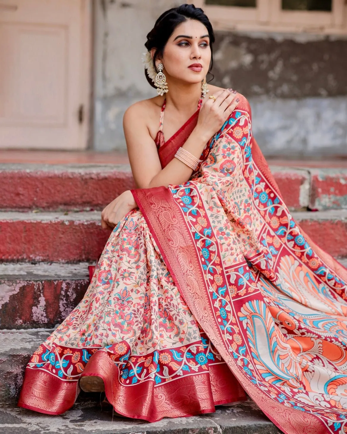 Beige and Coral Tussar Silk Saree with Intricate Floral Prints and Artistic Pallu
