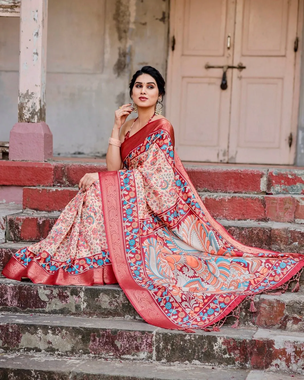 Beige and Coral Tussar Silk Saree with Intricate Floral Prints and Artistic Pallu