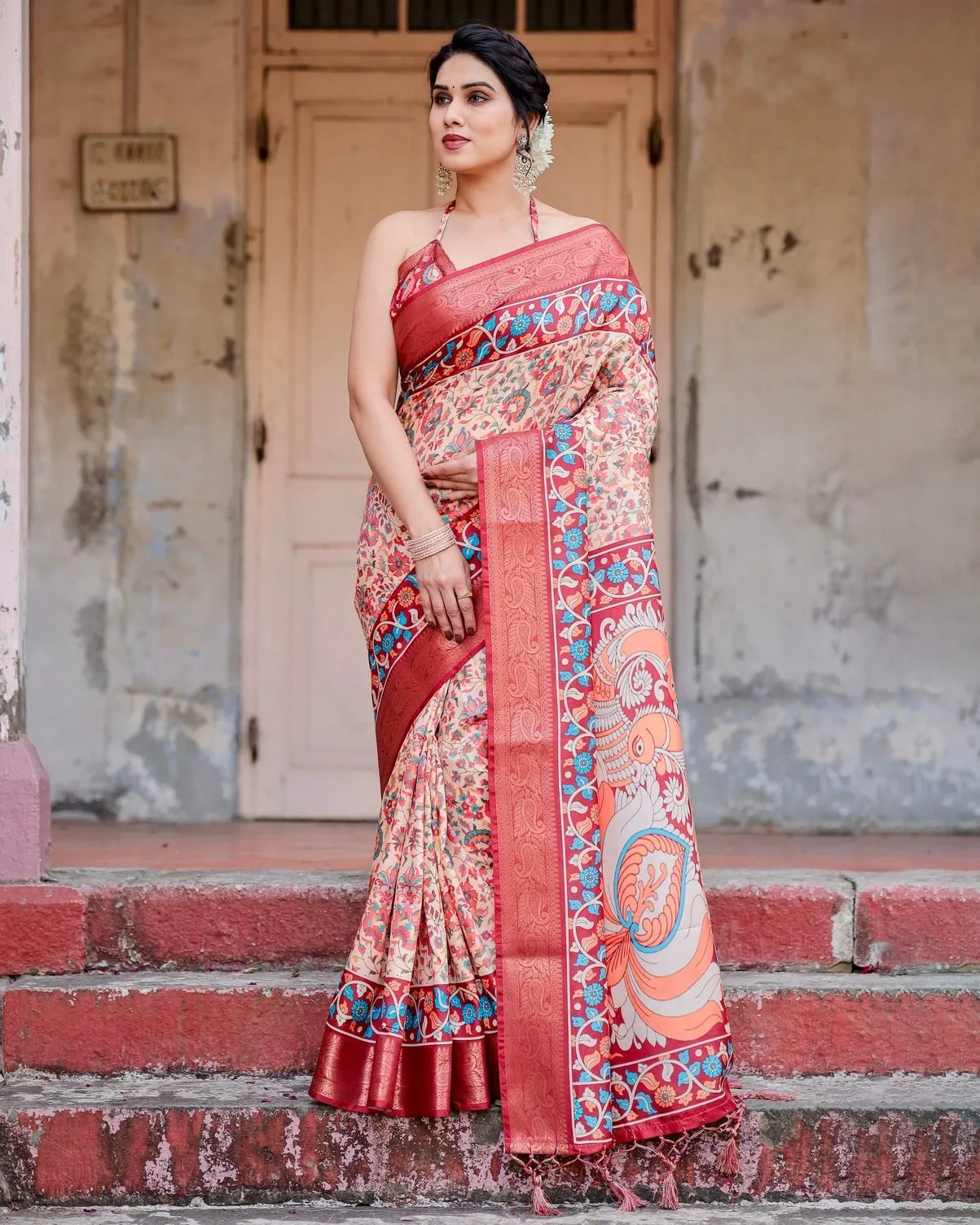 Beige and Coral Tussar Silk Saree with Intricate Floral Prints and Artistic Pallu