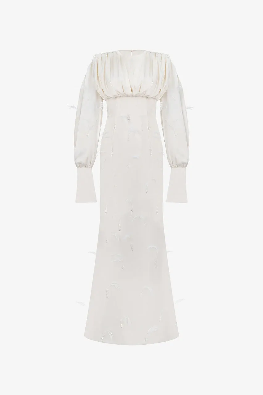 Beige Feathers & Crystals Silk Maxi Dress