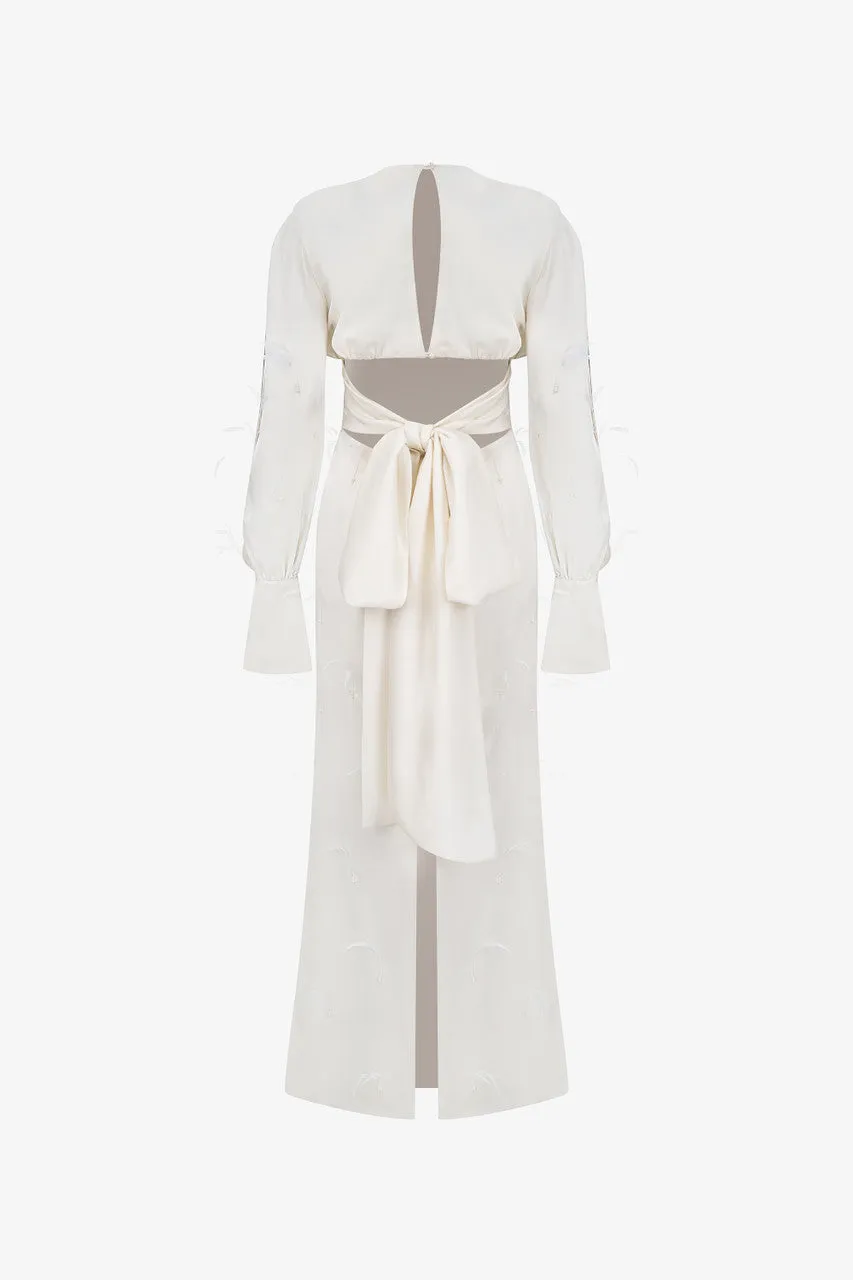 Beige Feathers & Crystals Silk Maxi Dress