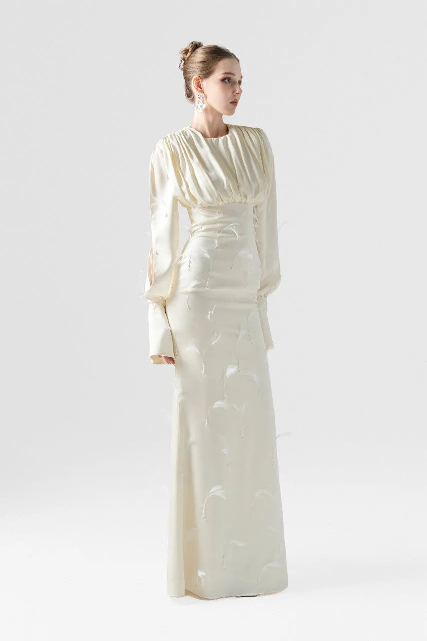 Beige Feathers & Crystals Silk Maxi Dress