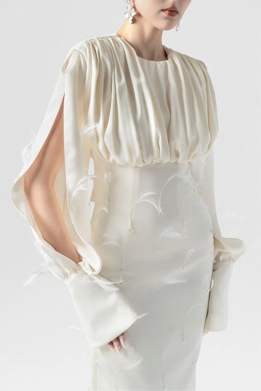 Beige Feathers & Crystals Silk Maxi Dress