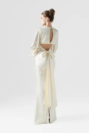 Beige Feathers & Crystals Silk Maxi Dress