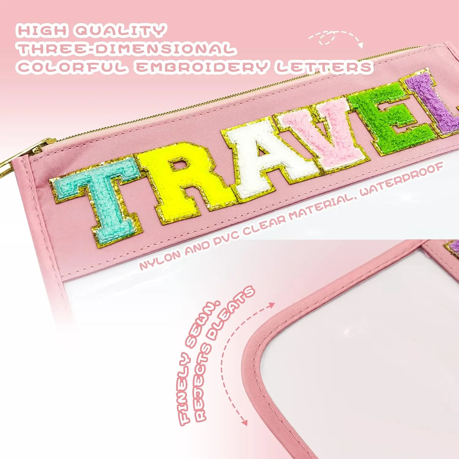 Chenille Letter Clear Zipper Pouch Nylon Makeup Bag, Preppy Makeup Bag Clear Cosmetic Toiletry Bag, Water-proof Makeup Travel Pouch Snack Bags for Women (Pink)
