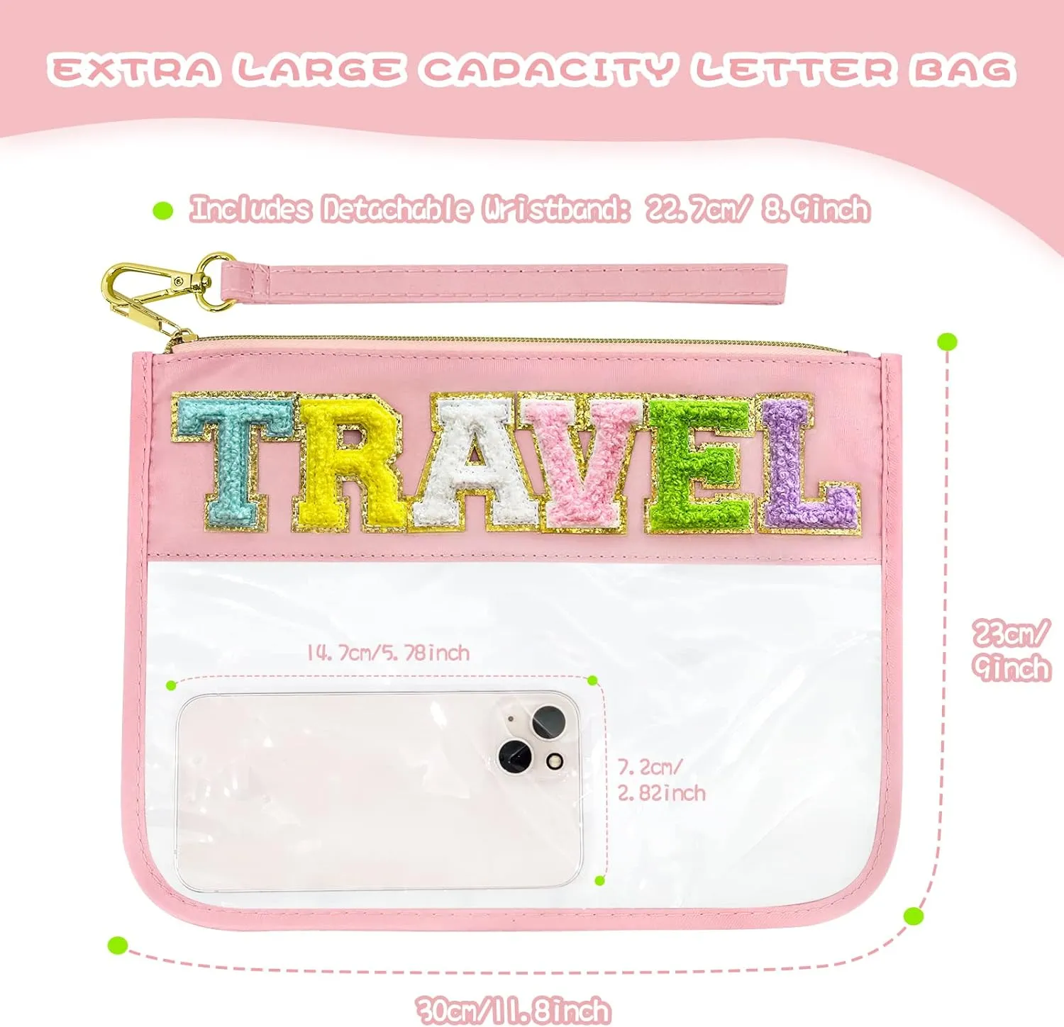 Chenille Letter Clear Zipper Pouch Nylon Makeup Bag, Preppy Makeup Bag Clear Cosmetic Toiletry Bag, Water-proof Makeup Travel Pouch Snack Bags for Women (Pink)