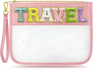 Chenille Letter Clear Zipper Pouch Nylon Makeup Bag, Preppy Makeup Bag Clear Cosmetic Toiletry Bag, Water-proof Makeup Travel Pouch Snack Bags for Women (Pink)
