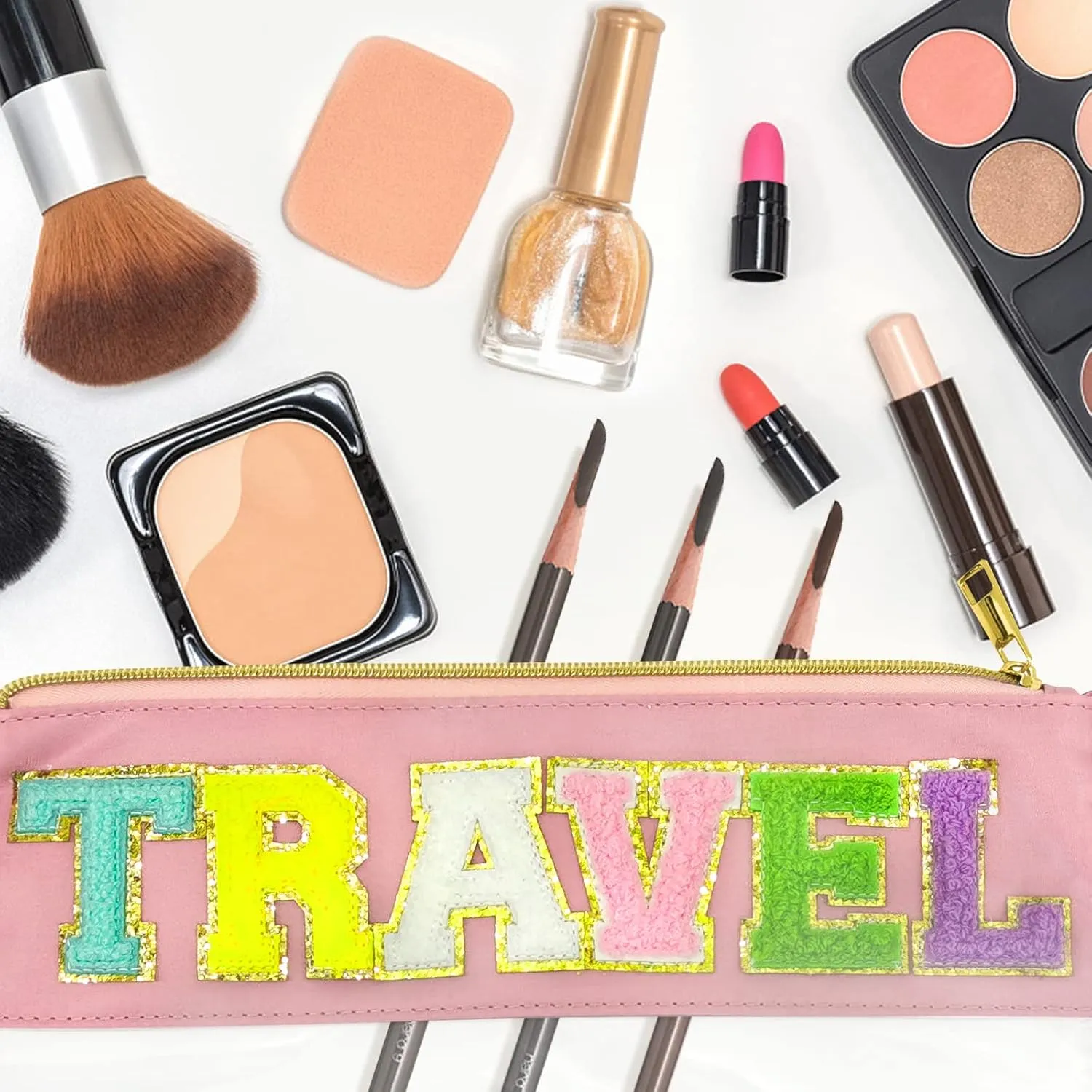 Chenille Letter Clear Zipper Pouch Nylon Makeup Bag, Preppy Makeup Bag Clear Cosmetic Toiletry Bag, Water-proof Makeup Travel Pouch Snack Bags for Women (Pink)