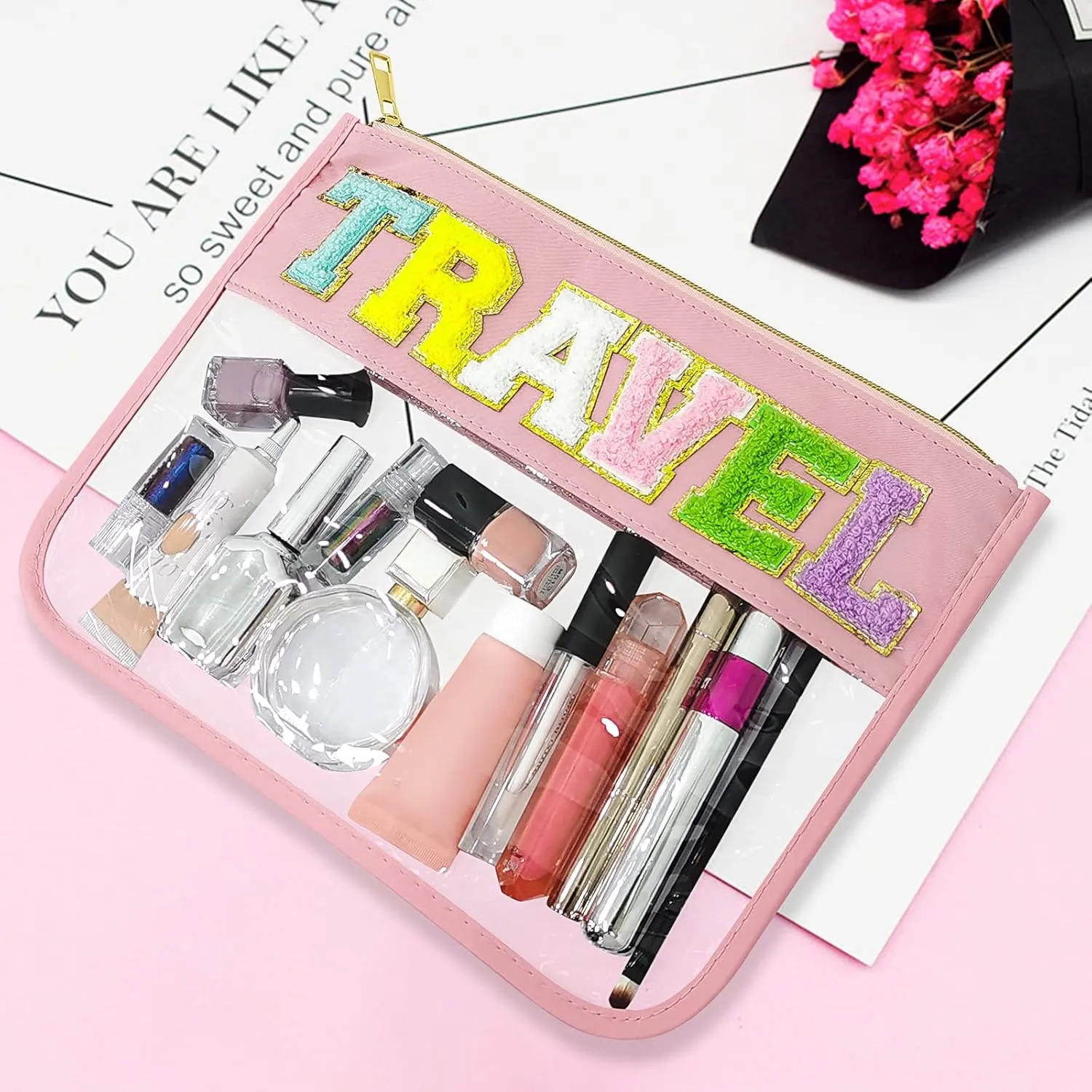 Chenille Letter Clear Zipper Pouch Nylon Makeup Bag, Preppy Makeup Bag Clear Cosmetic Toiletry Bag, Water-proof Makeup Travel Pouch Snack Bags for Women (Pink)