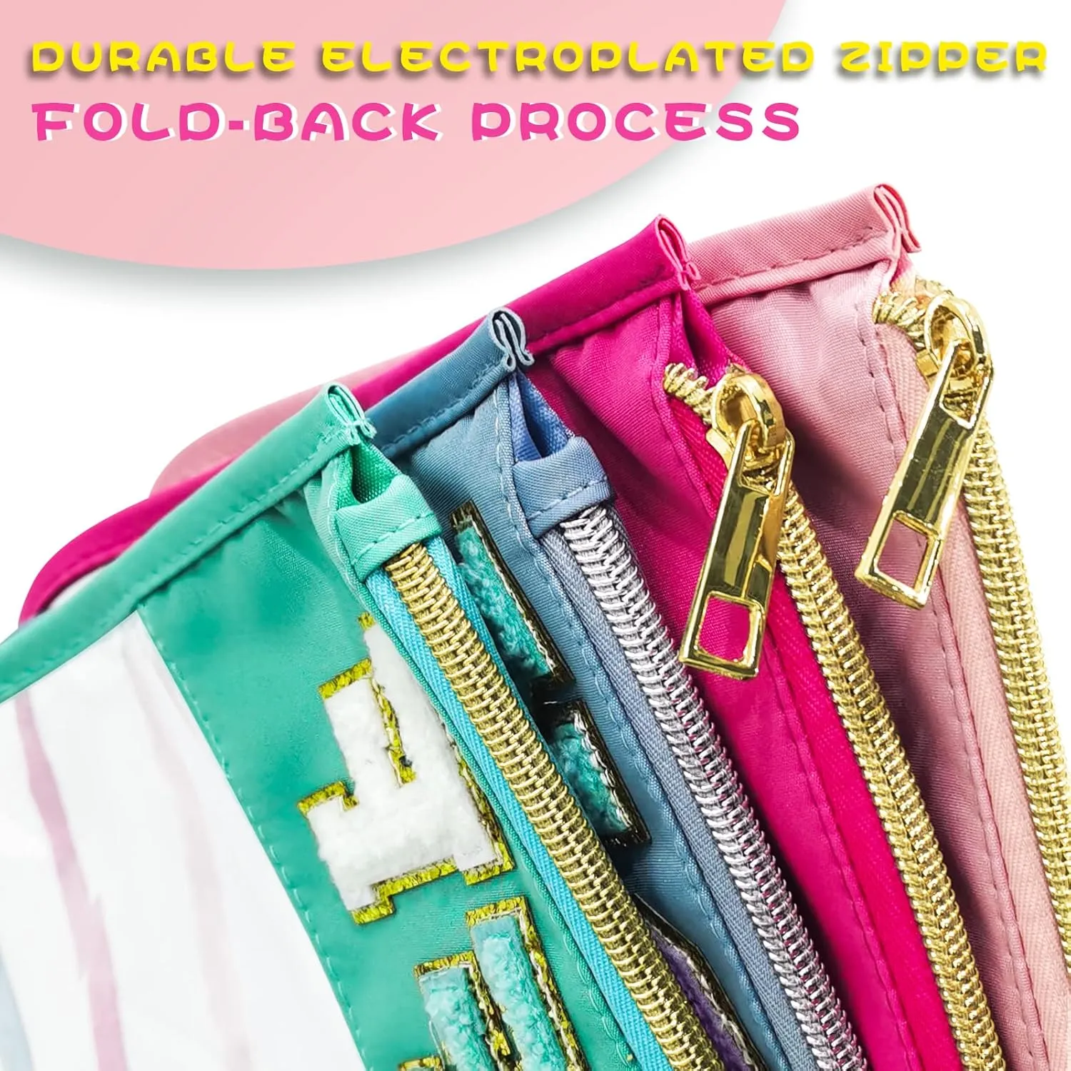 Chenille Letter Clear Zipper Pouch Nylon Makeup Bag, Preppy Makeup Bag Clear Cosmetic Toiletry Bag, Water-proof Makeup Travel Pouch Snack Bags for Women (Pink)