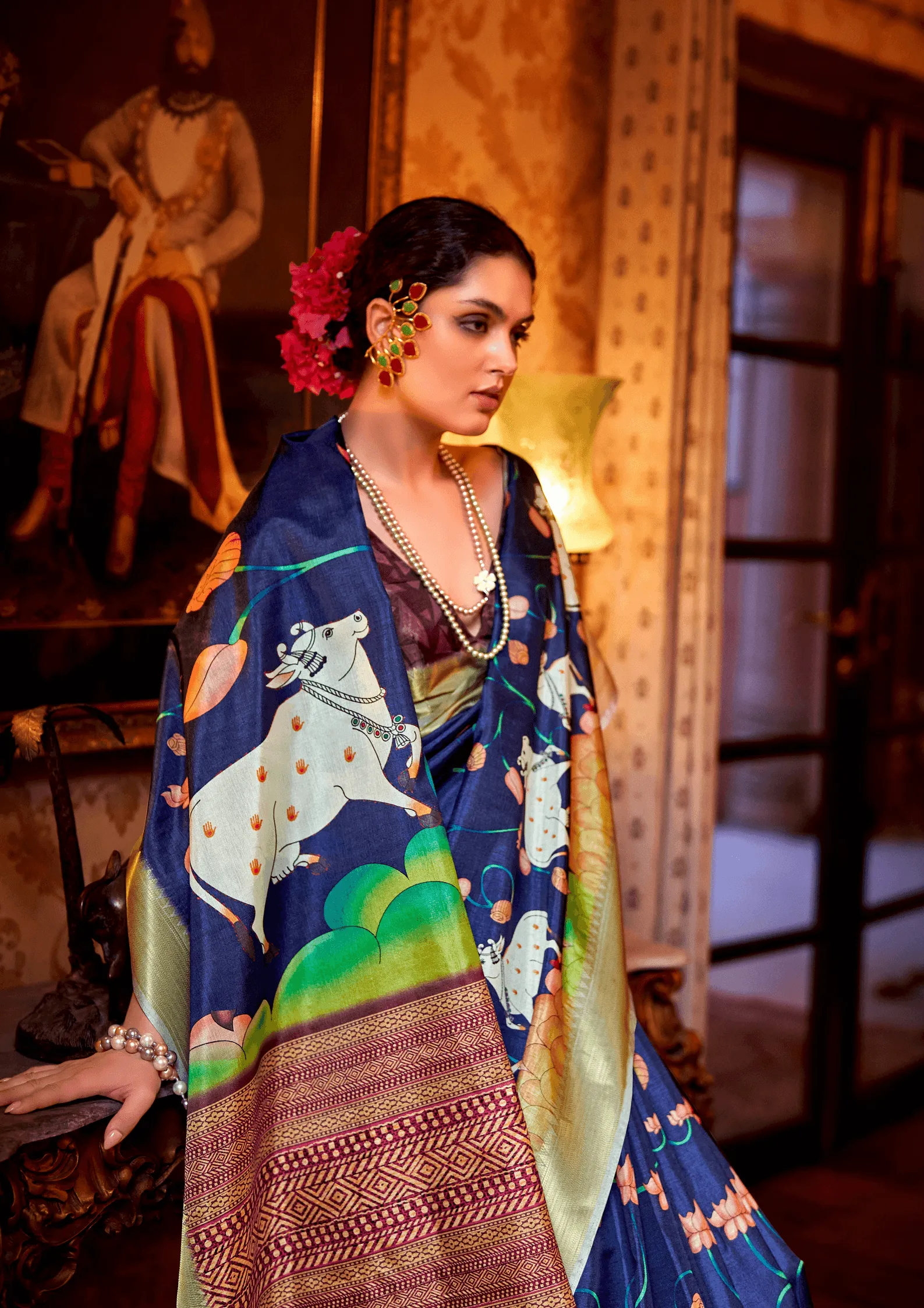 Designer Pichwai Floral Blue Saree