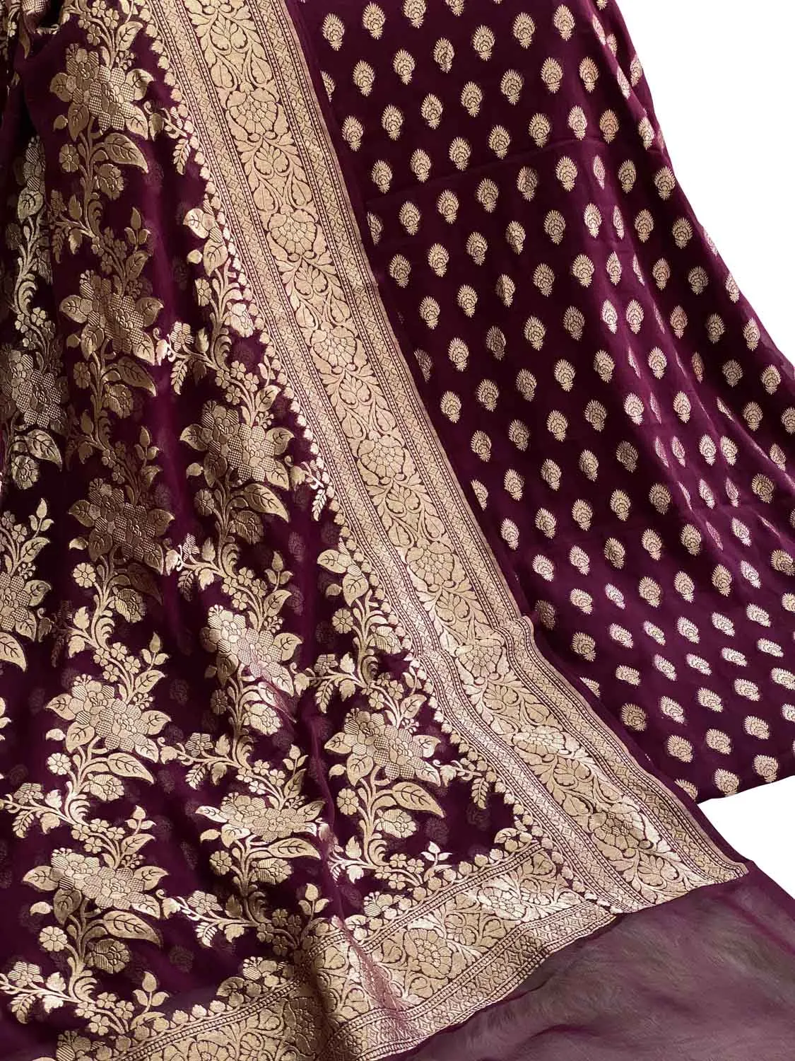 Elegant Purple Banarasi Handloom Pure Georgette Unstitched Suit Set