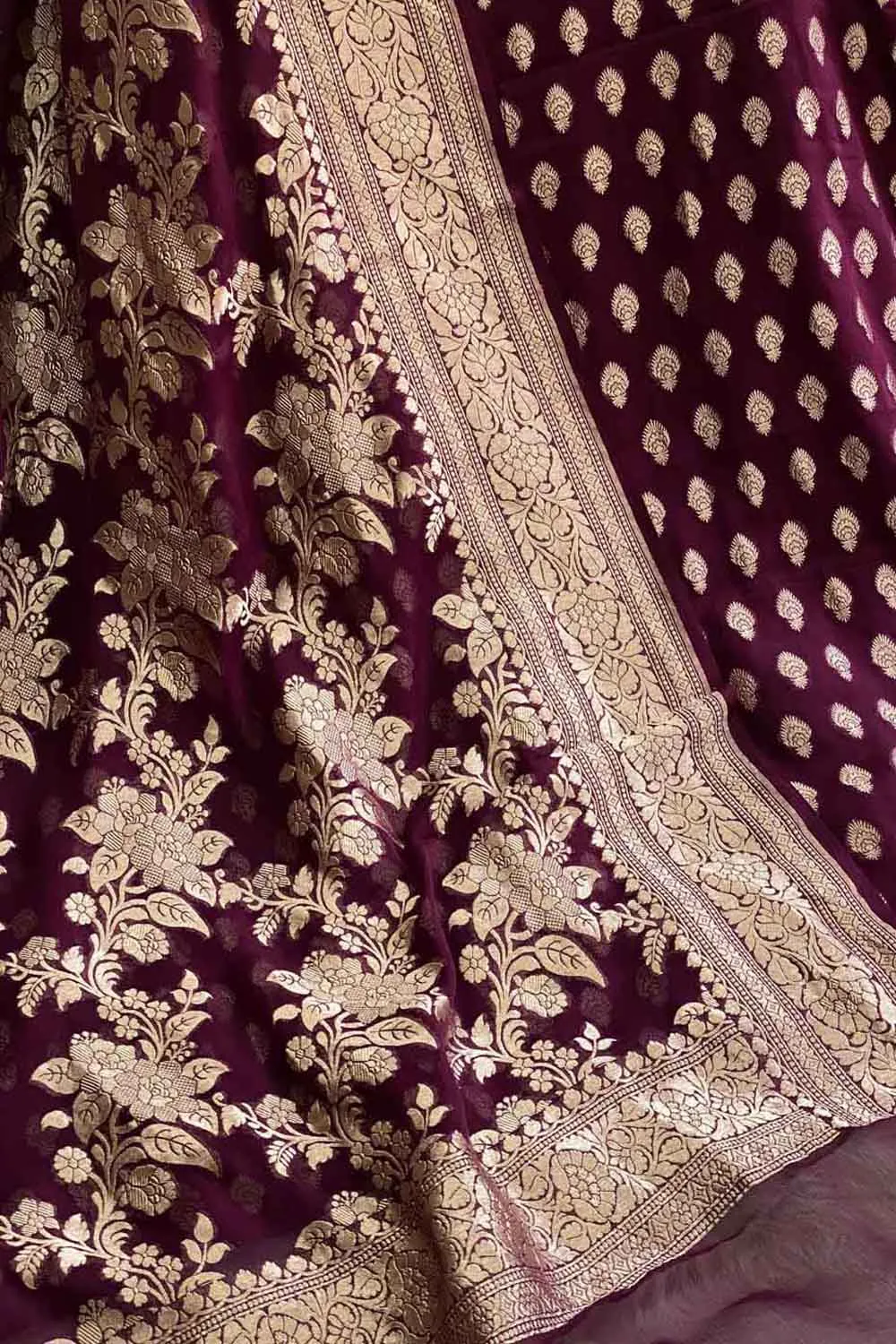 Elegant Purple Banarasi Handloom Pure Georgette Unstitched Suit Set