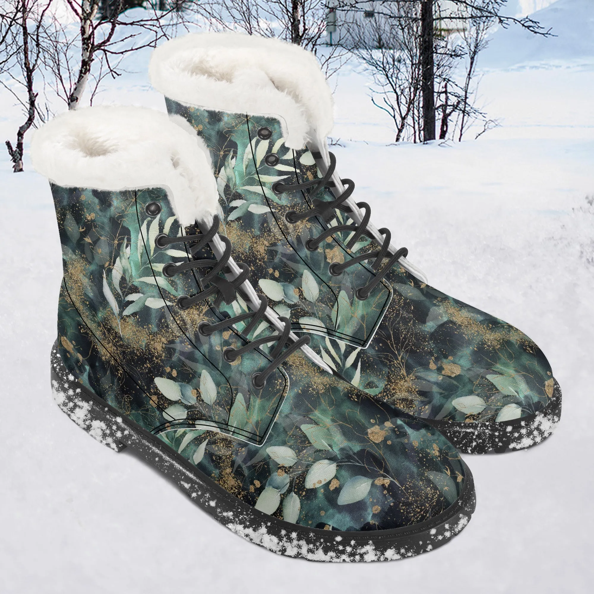 Faux Fur Leather Boots Gold and Eucalyptus Leaves