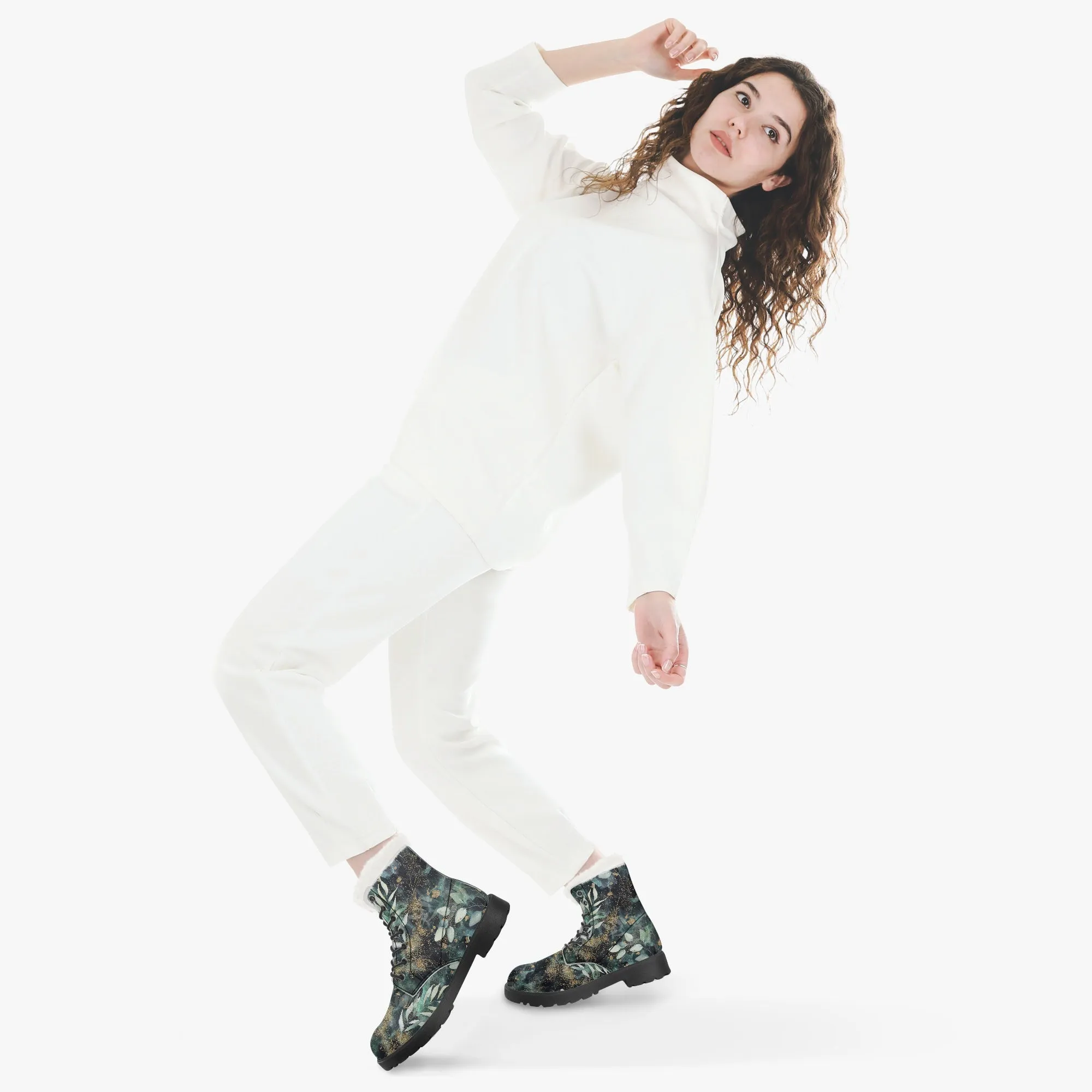 Faux Fur Leather Boots Gold and Eucalyptus Leaves
