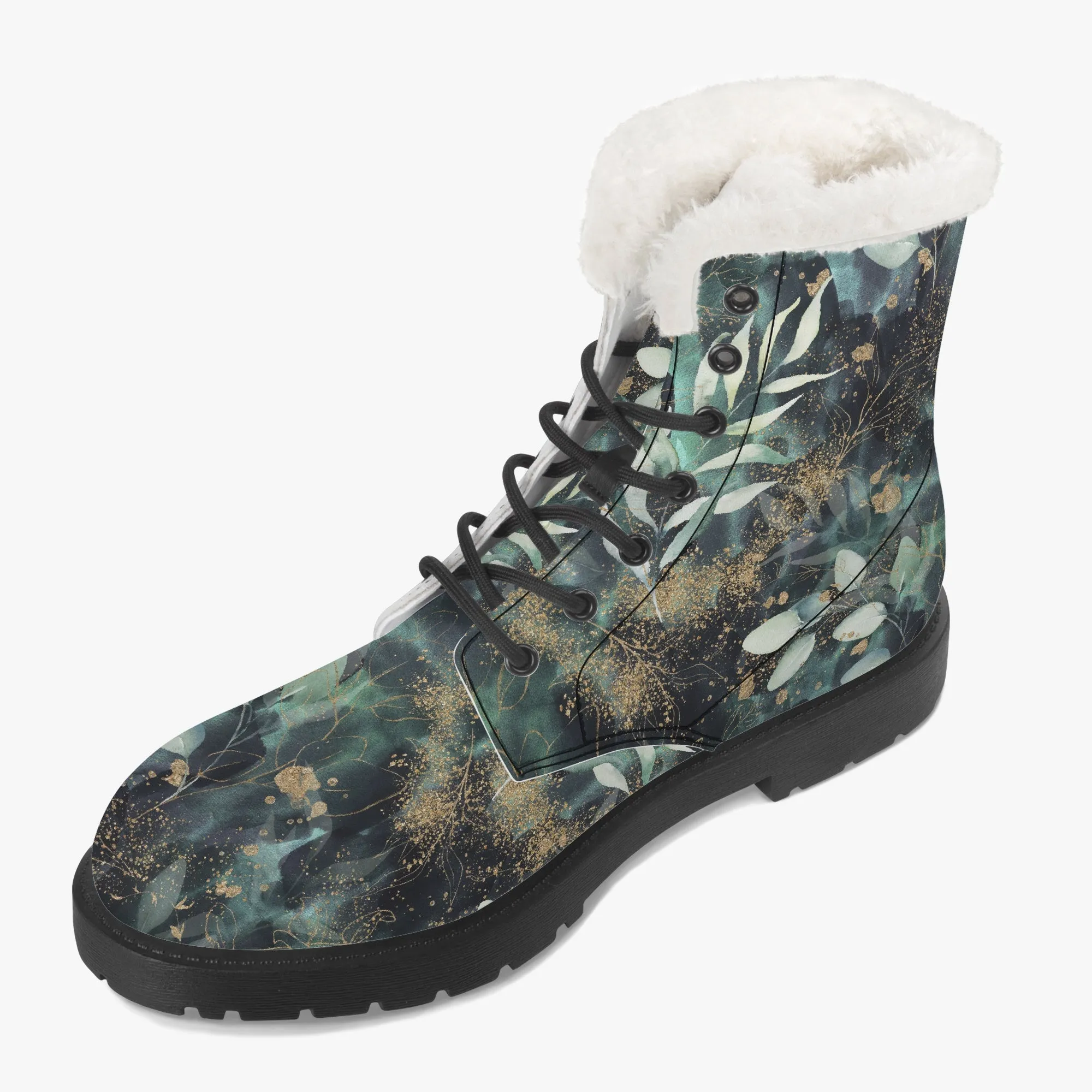 Faux Fur Leather Boots Gold and Eucalyptus Leaves