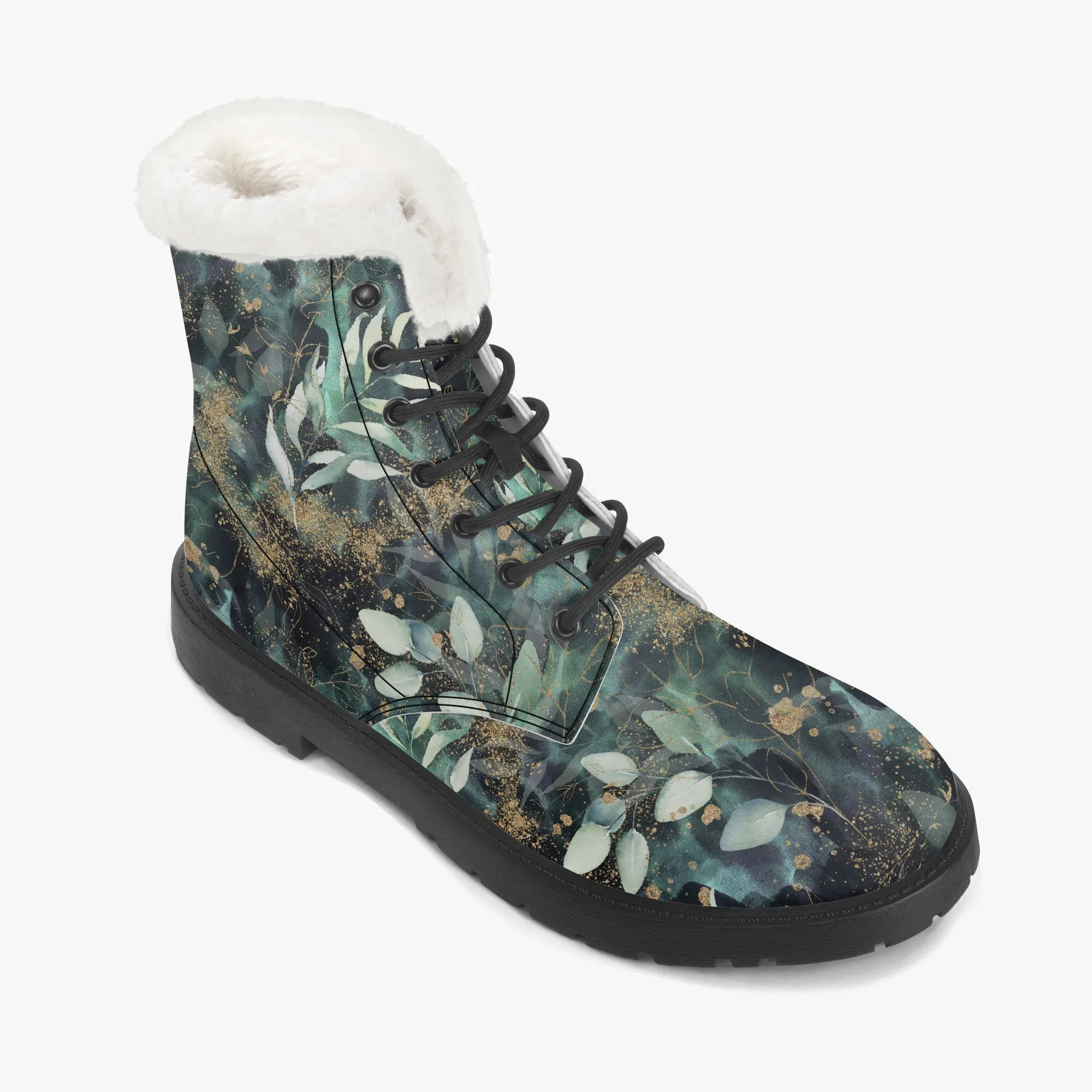 Faux Fur Leather Boots Gold and Eucalyptus Leaves