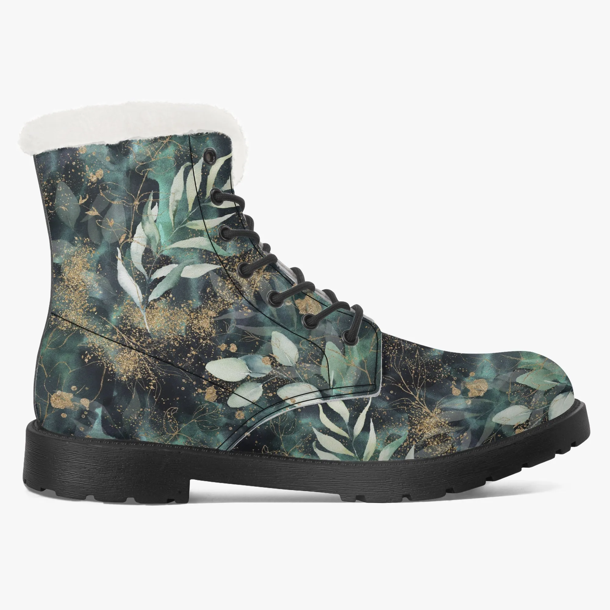 Faux Fur Leather Boots Gold and Eucalyptus Leaves