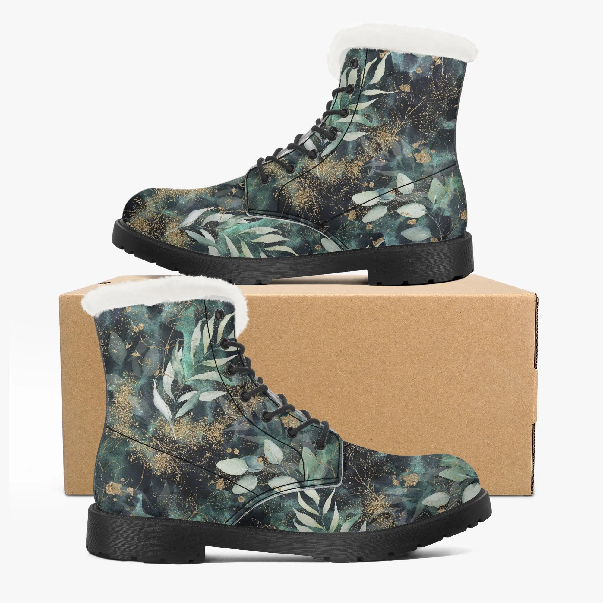 Faux Fur Leather Boots Gold and Eucalyptus Leaves