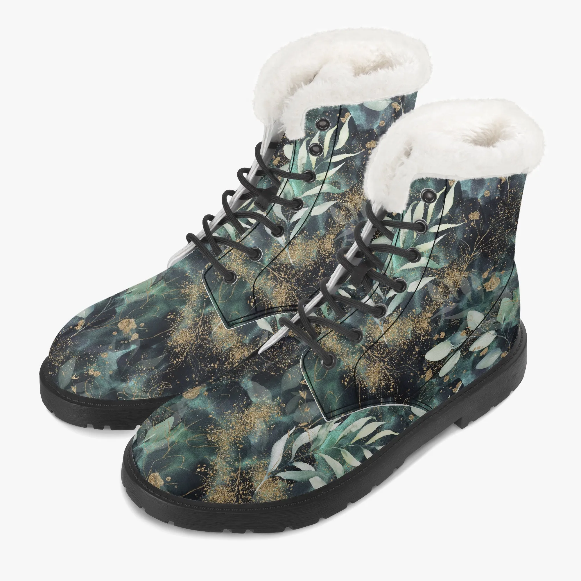 Faux Fur Leather Boots Gold and Eucalyptus Leaves
