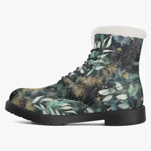 Faux Fur Leather Boots Gold and Eucalyptus Leaves