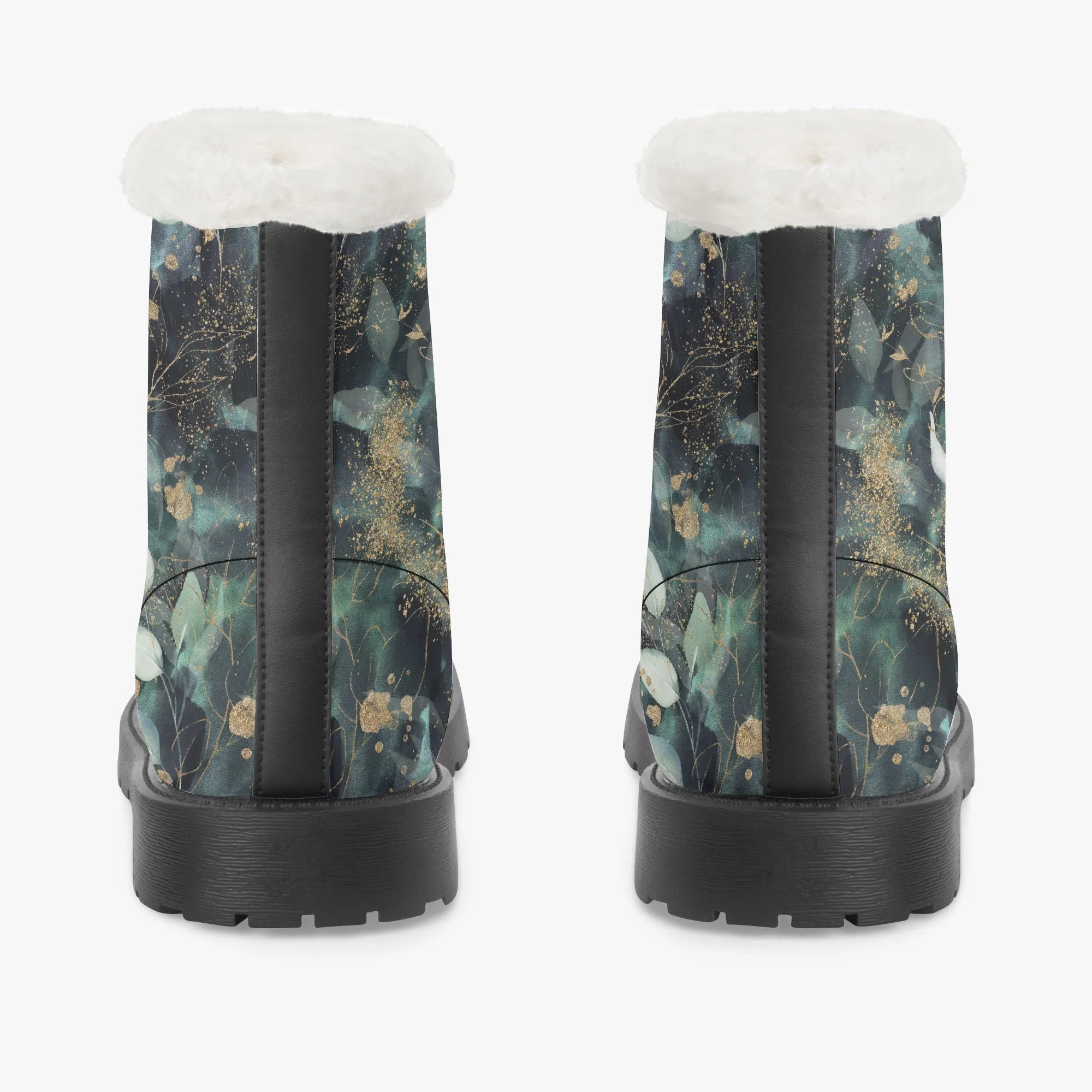 Faux Fur Leather Boots Gold and Eucalyptus Leaves