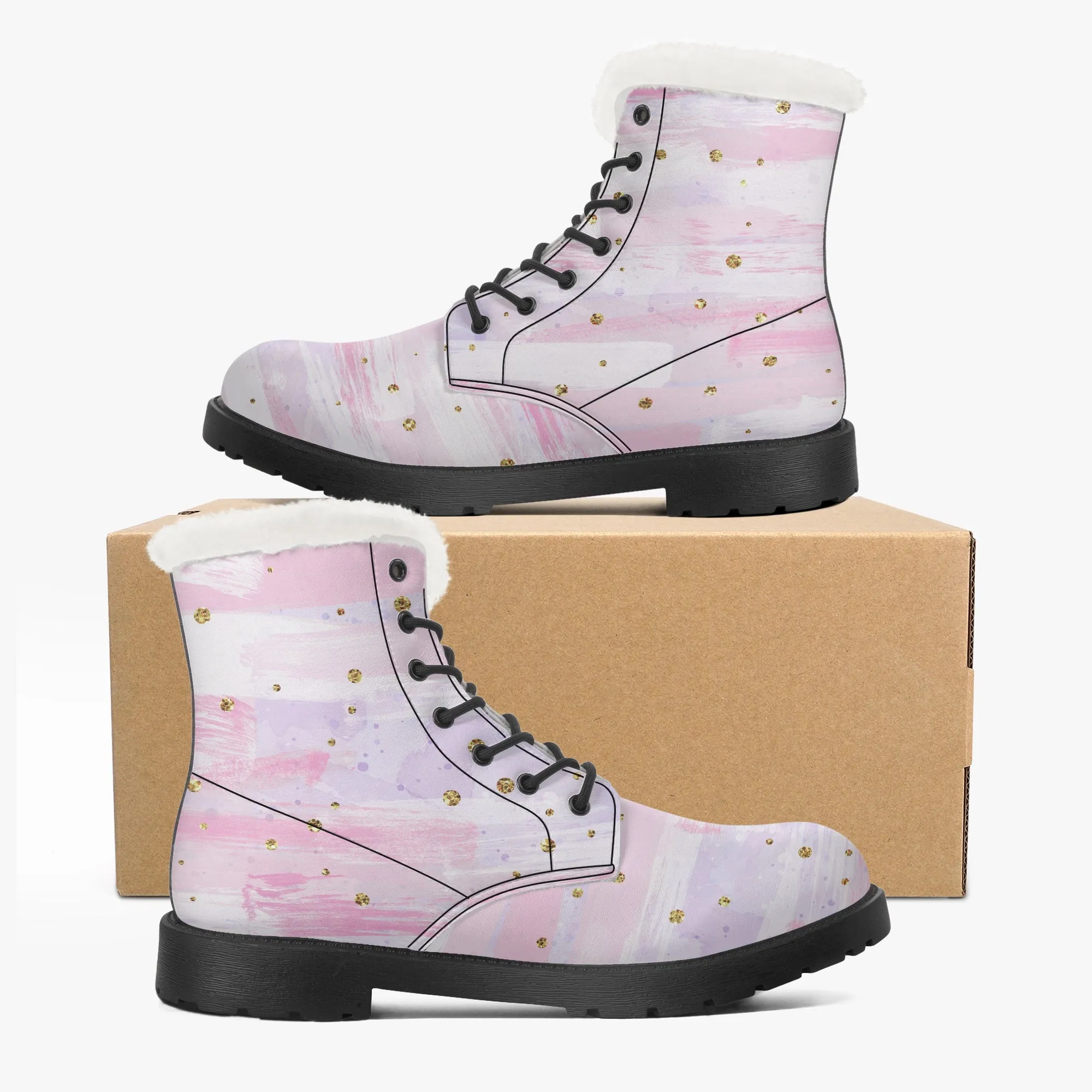 Faux Fur Leather Boots Pink and Purple