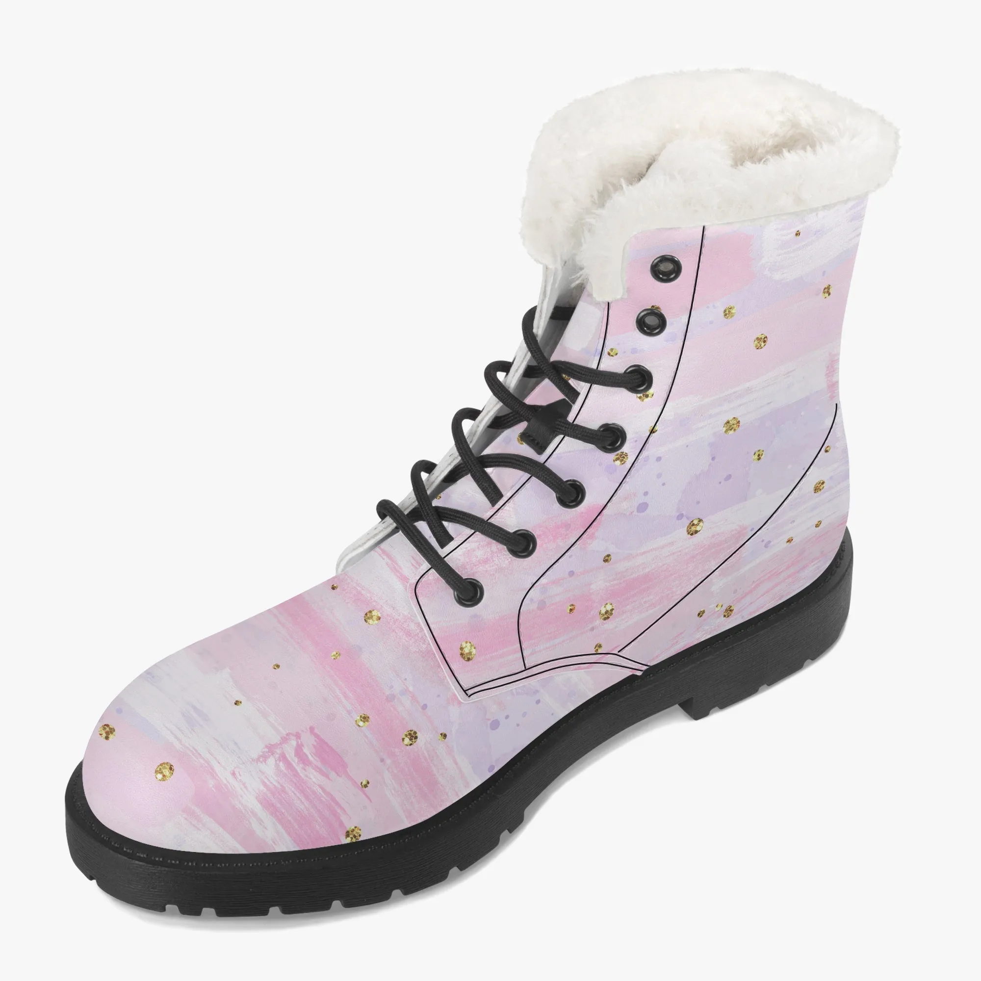 Faux Fur Leather Boots Pink and Purple