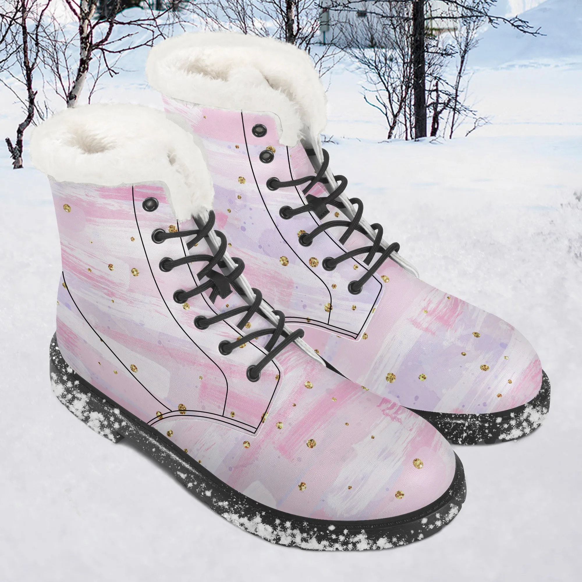 Faux Fur Leather Boots Pink and Purple