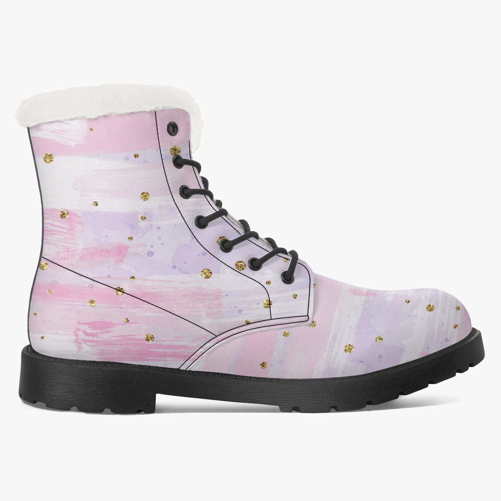 Faux Fur Leather Boots Pink and Purple