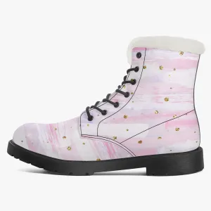 Faux Fur Leather Boots Pink and Purple