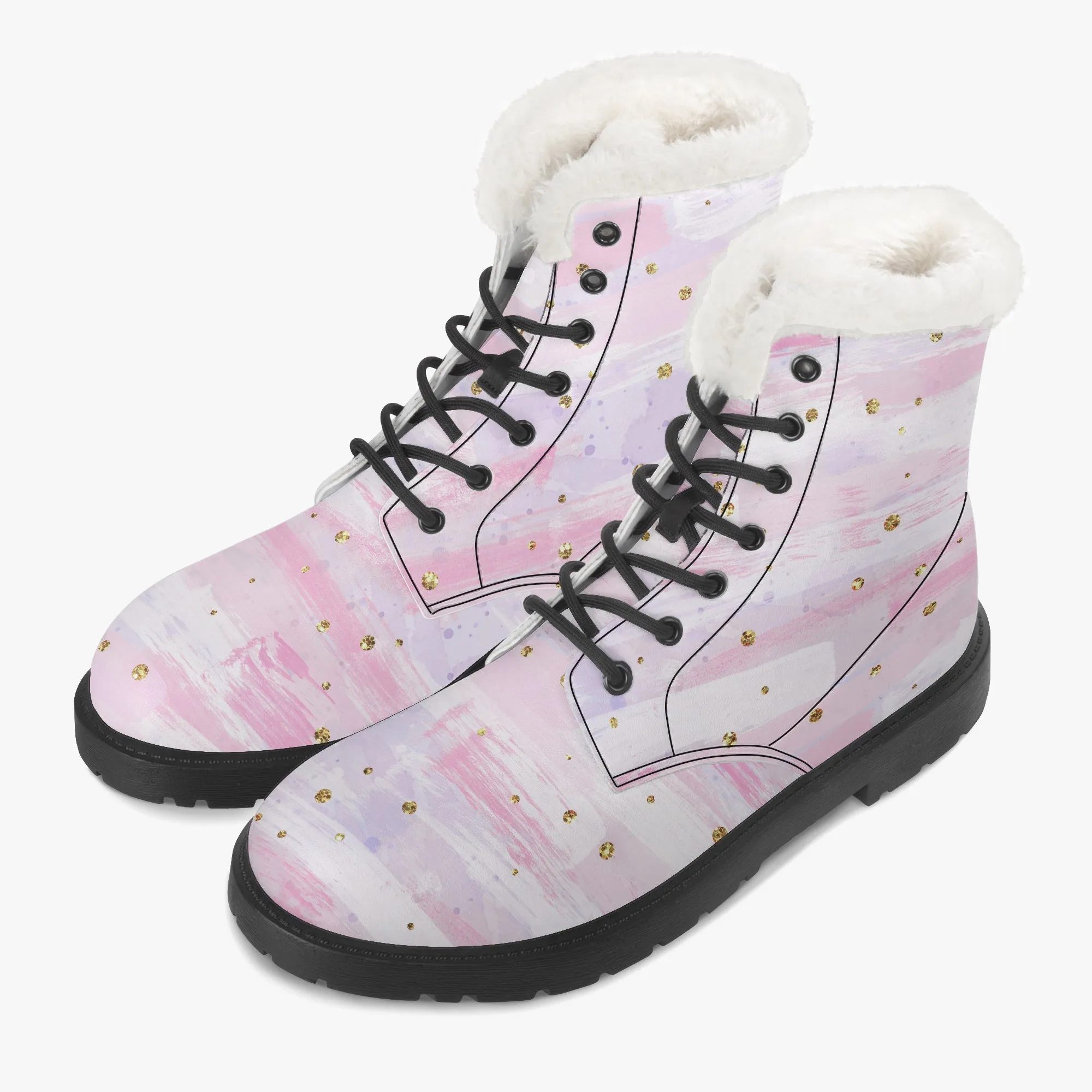 Faux Fur Leather Boots Pink and Purple