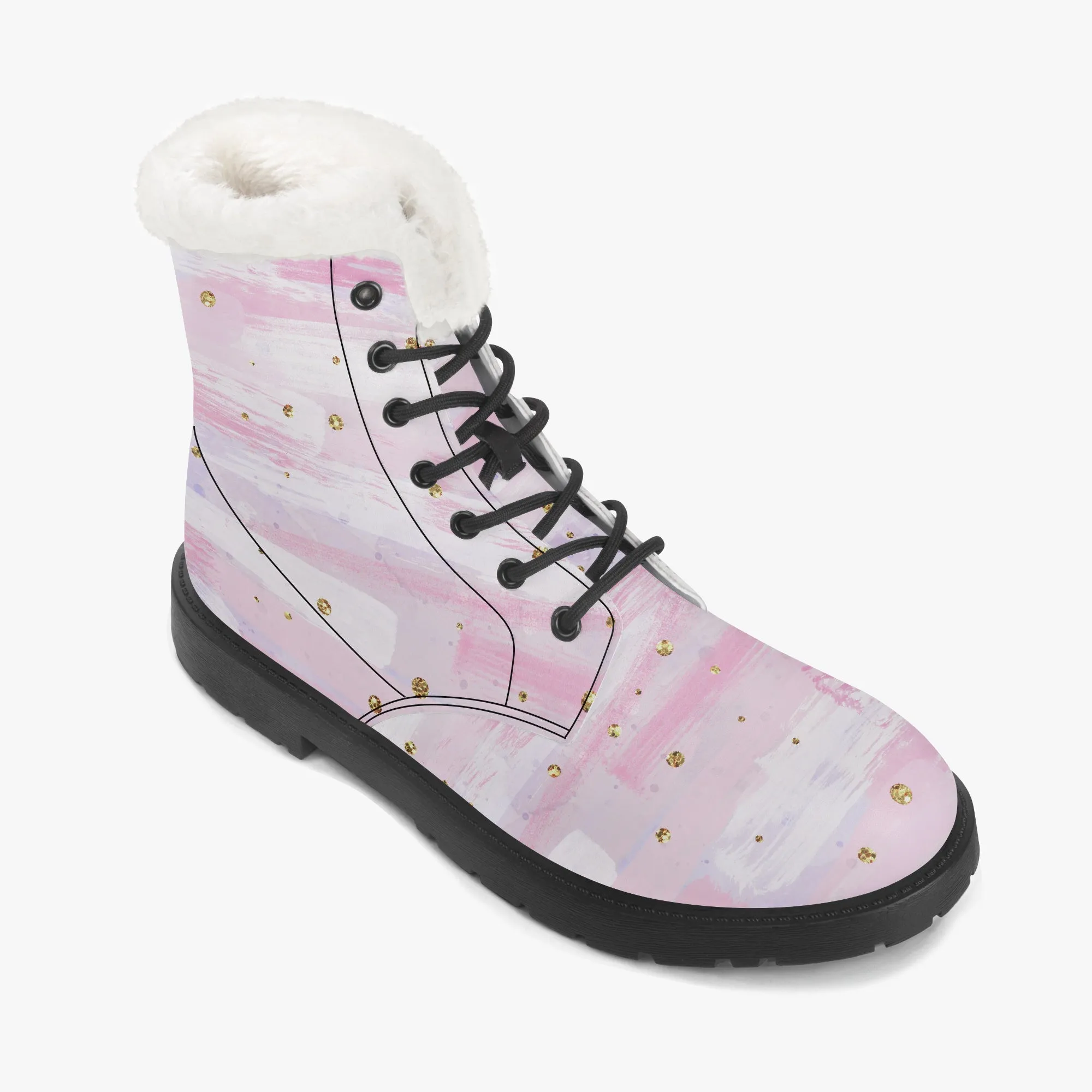 Faux Fur Leather Boots Pink and Purple