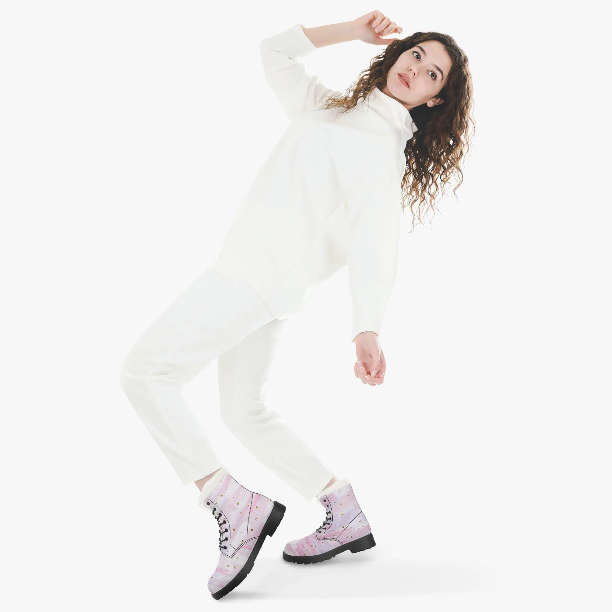 Faux Fur Leather Boots Pink and Purple