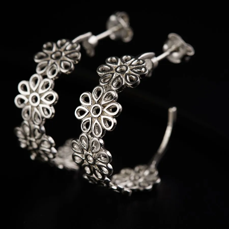 Filigree Silver Hoops (Flower)