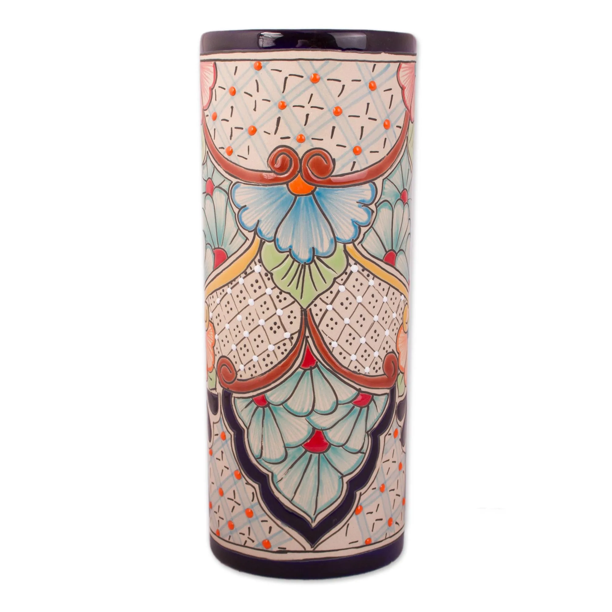 Garden Grandeur Talavera Style Floral Trellis and Dot Motif Ceramic Vase