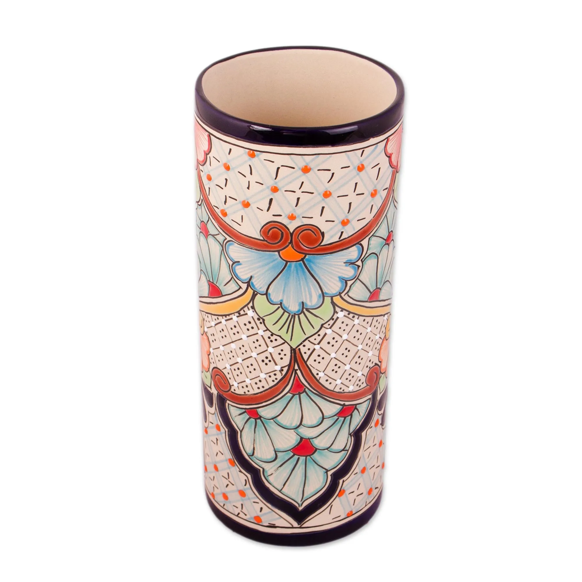 Garden Grandeur Talavera Style Floral Trellis and Dot Motif Ceramic Vase