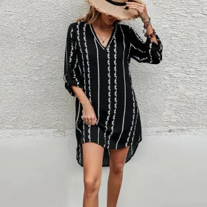 Geo Striped Tab Sleeve Tunic Dress
