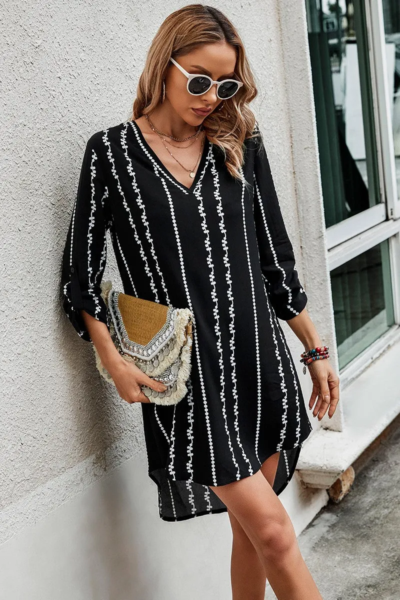 Geo Striped Tab Sleeve Tunic Dress