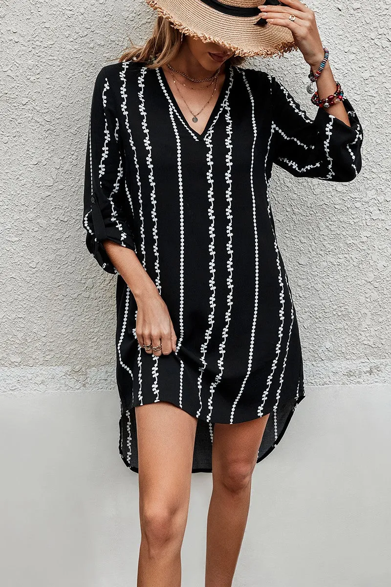 Geo Striped Tab Sleeve Tunic Dress