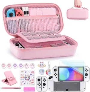 innoAura Switch OLED Case 19-in-1 Bundle with Carrying Case, Screen Protector, Stand and Thumb Grips (Pink)