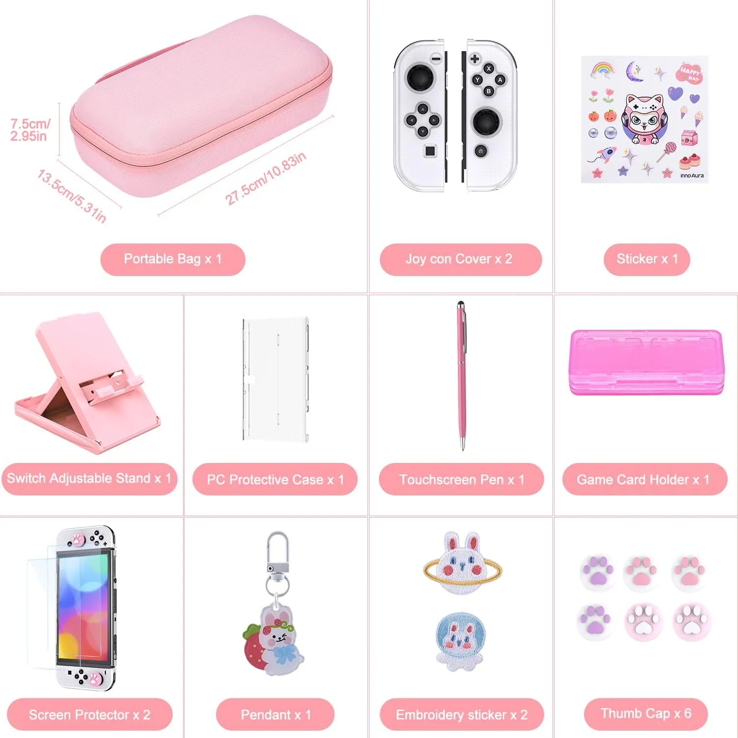 innoAura Switch OLED Case 19-in-1 Bundle with Carrying Case, Screen Protector, Stand and Thumb Grips (Pink)