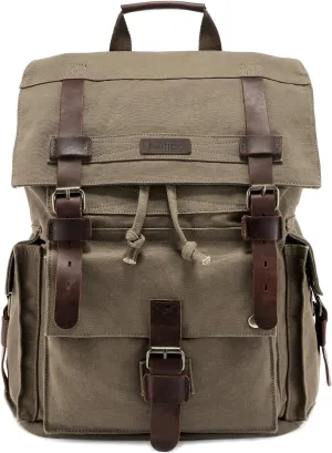 Kattee Mens Leather Canvas Backpack Large School Bag Travel Rucksack Army Green